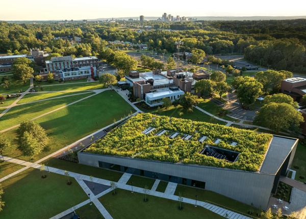 Aerial view of intersecting campus sidewalks